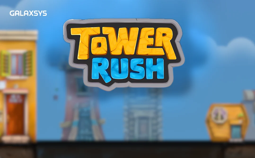 Tower Rush od Galaxsys: kolorowa wieża budowana piętro po piętrze na tle nocnego miasta