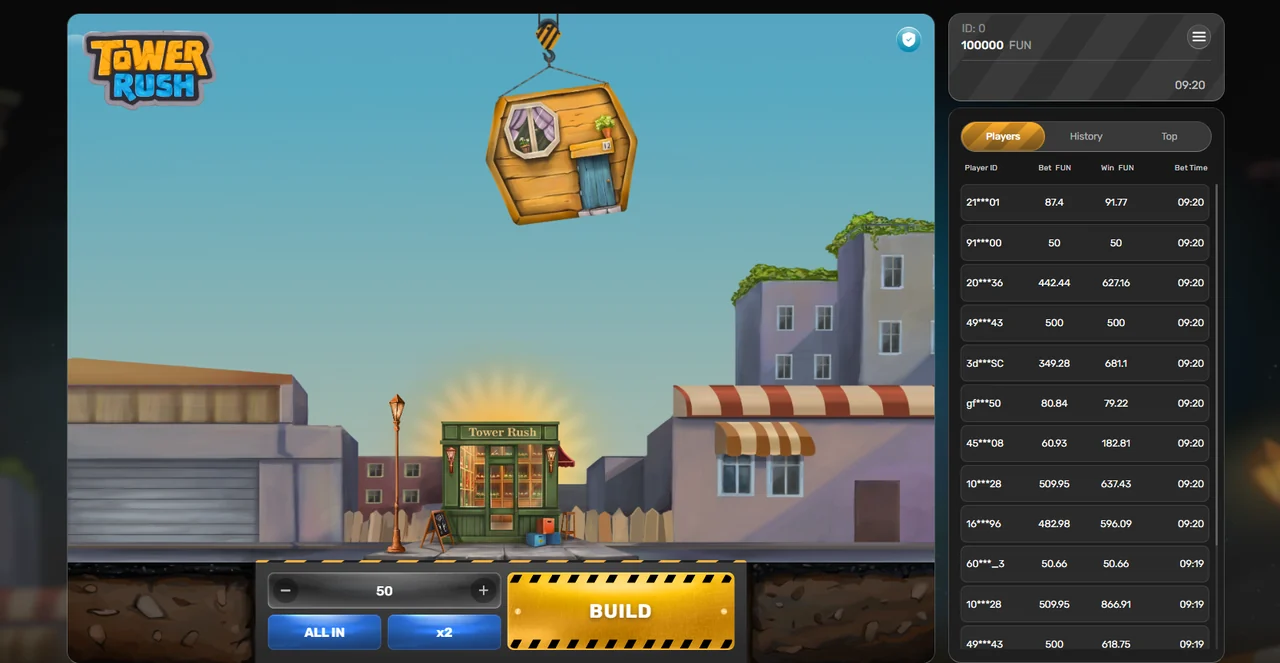 Rozgrywka Tower Rush: wieża z ułożonych pięter, mnożnik oraz przyciski Cashout i Build