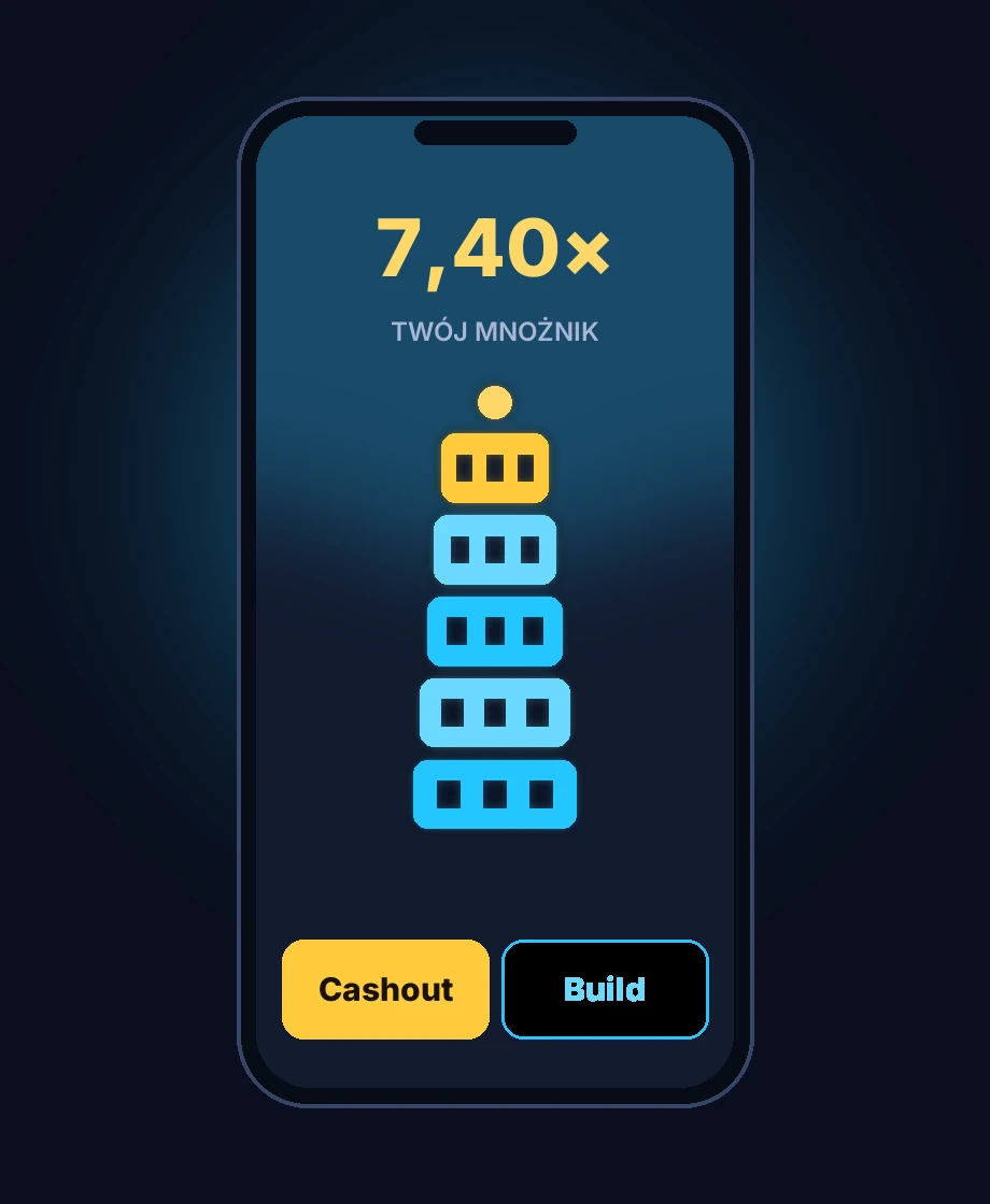 Tower Rush na telefonie: wieża, mnożnik i przyciski Cashout/Build w pionowym ekranie